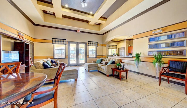 common area with a towering ceiling, crown molding, coffered ceiling, and recessed lighting