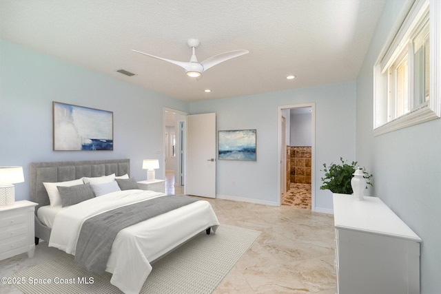 bedroom with recessed lighting, a ceiling fan, ensuite bathroom, and baseboards