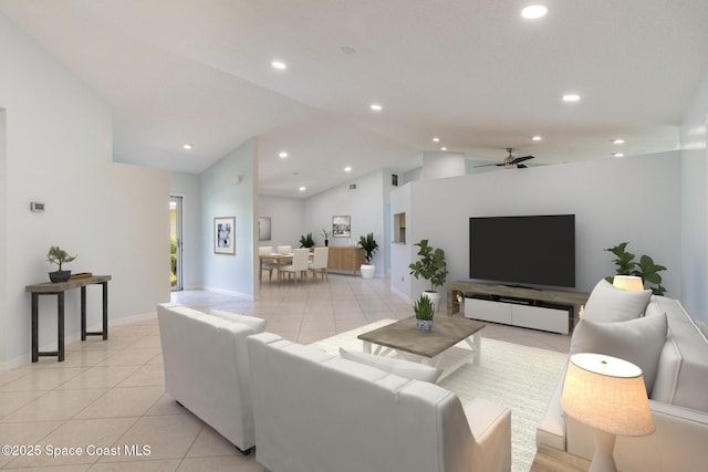 living room featuring vaulted ceiling, light tile patterned floors, baseboards, recessed lighting, and a ceiling fan