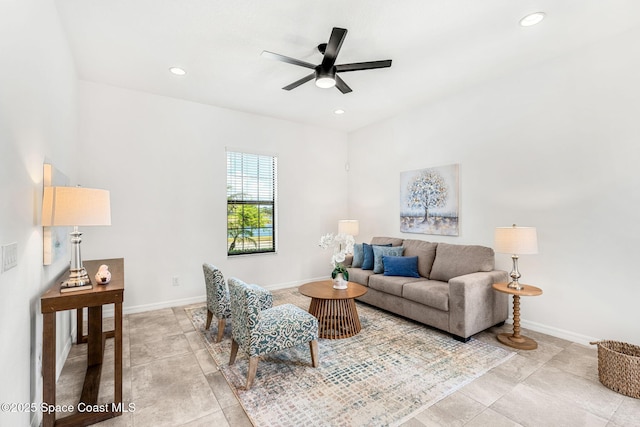 6794 Vista Hermosa Dr, Melbourne, FL 32940 - living area featuring ceiling fan, light tile patterned floors, recessed lighting, and baseboards