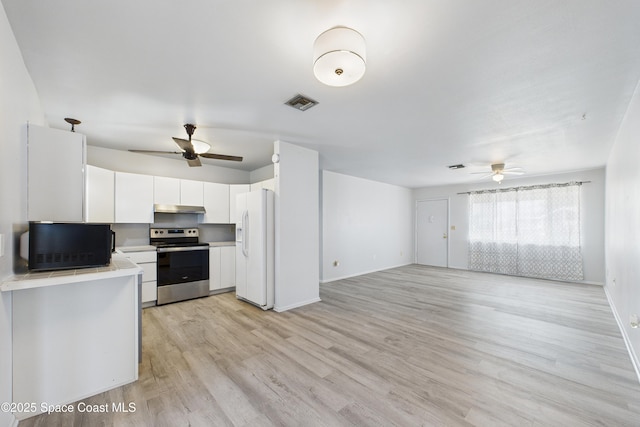 959 Eyerly Ln NE, Palm Bay, FL 32905 - kitchen with electric range, white fridge with ice dispenser, a ceiling fan, and black microwave