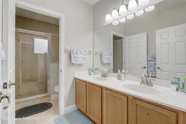 full bathroom featuring tile patterned flooring, a shower stall, toilet, and double vanity