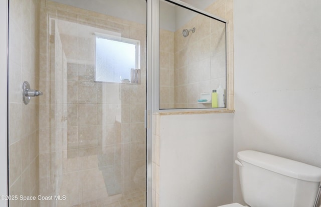 bathroom featuring a stall shower and toilet