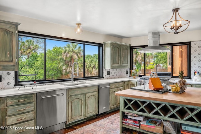 kitchen with stainless steel dishwasher, a sink, wall chimney range hood, and healthy amount of natural light