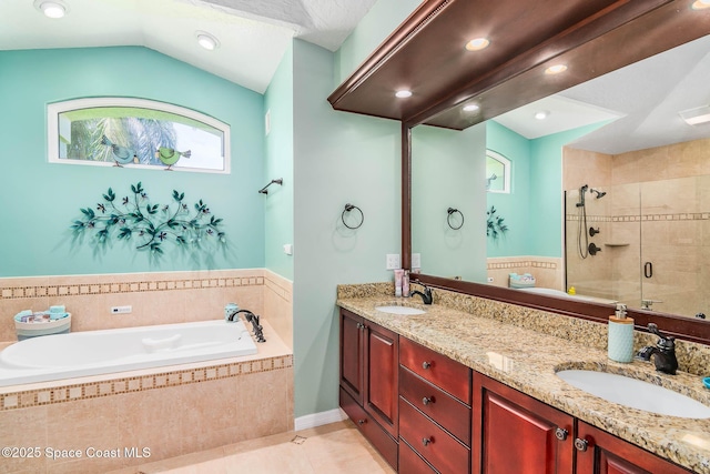 1132 Cypress Trace Dr, Melbourne, FL 32940 - full bathroom with a shower stall, a bath, tile patterned flooring, and double vanity