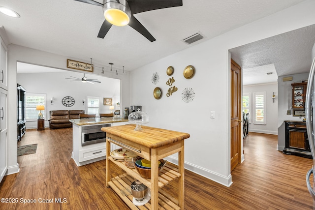 2449 Willowbrook Rd, Merritt Island, FL 32952 - kitchen with ceiling fan, dark wood-type flooring, open floor plan, a peninsula, and a textured ceiling