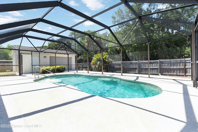5230 Everett St, Cocoa, FL 32927 - view of pool featuring a patio area, a fenced backyard, and an outbuilding