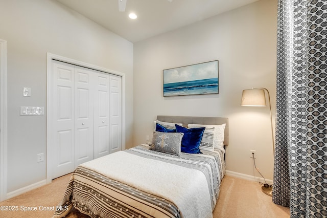 2679 Avalonia Dr, Melbourne, FL 32940 - bedroom featuring light carpet, a closet, recessed lighting, and ceiling fan