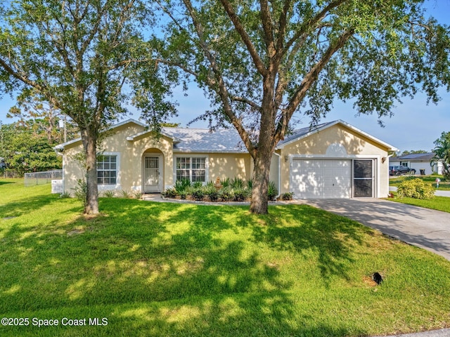 701 Agena Ave NW, Palm Bay, FL 32907 - ranch-style house featuring driveway, stucco siding, an attached garage, and a front lawn
