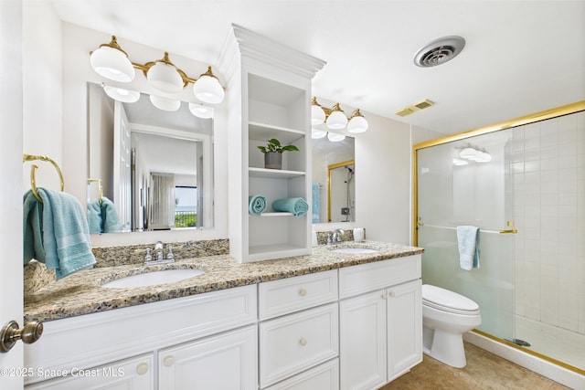 full bathroom with a shower stall, double vanity, toilet, and tile patterned floors
