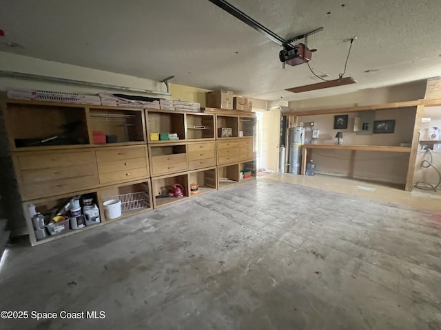 garage featuring a garage door opener and water heater