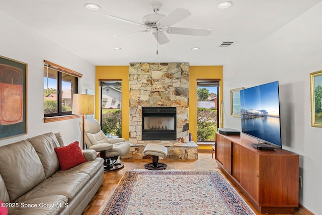 1875 Halifax Ave, Melbourne, FL 32935 - living area featuring ceiling fan, a fireplace, recessed lighting, and baseboards
