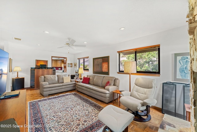 1875 Halifax Ave, Melbourne, FL 32935 - living area with recessed lighting, a ceiling fan, and baseboards