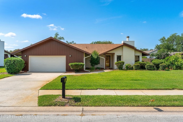 1875 Halifax Ave, Melbourne, FL 32935 - mid-century inspired home featuring a chimney, a garage, a front yard, and concrete driveway