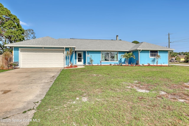 single story home featuring a garage, concrete driveway, and a front lawn