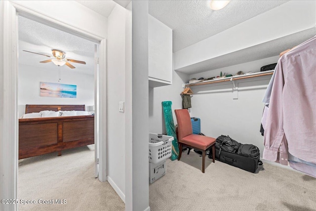 walk in closet with carpet flooring and ceiling fan