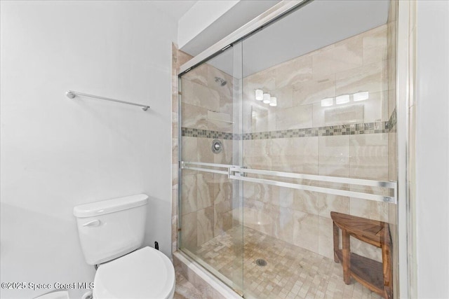 full bathroom featuring a shower stall and toilet