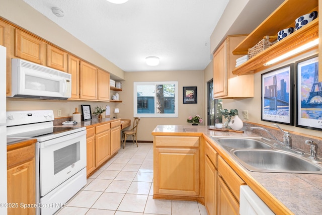 9020 Brighton Ct Unit 4-H, West Melbourne, FL 32904 - kitchen featuring white appliances, open shelves, a sink, light brown cabinetry, and light tile patterned floors