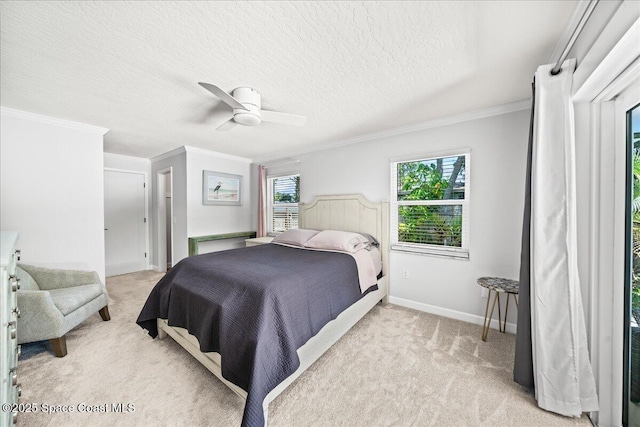 515 Hibiscus Trl, Melbourne Beach, FL 32951 - bedroom with light carpet, crown molding, baseboards, a ceiling fan, and a textured ceiling