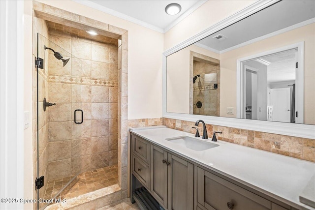 515 Hibiscus Trl, Melbourne Beach, FL 32951 - full bath featuring a shower stall, vanity, and ornamental molding