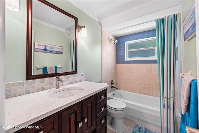 515 Hibiscus Trl, Melbourne Beach, FL 32951 - full bath featuring toilet, vanity, shower / bath combination, ornamental molding, and decorative backsplash