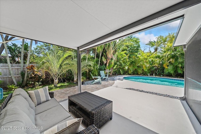515 Hibiscus Trl, Melbourne Beach, FL 32951 - view of pool featuring a patio area, an outdoor living space, and a fenced backyard