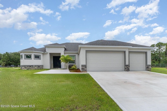 2602 Flintstone Ave SE, Palm Bay, FL 32909 - prairie-style home with stucco siding, stone siding, an attached garage, concrete driveway, and a front yard