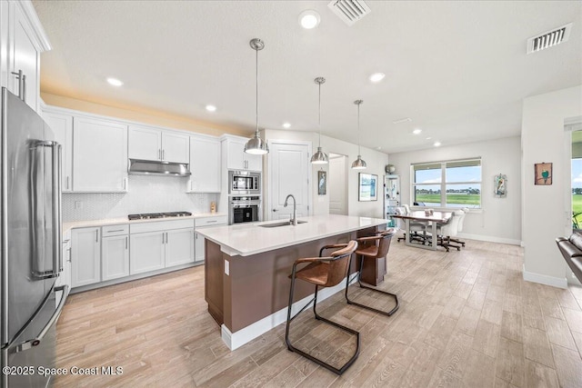 2902 Tidepool Pl, Melbourne, FL 32940 - kitchen with stainless steel appliances, a sink, under cabinet range hood, light wood-type flooring, and white cabinets