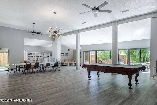 recreation room featuring a ceiling fan, billiards, wood finished floors, a textured ceiling, and high vaulted ceiling
