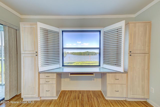 unfurnished office featuring built in study area, light wood-style floors, ornamental molding, and baseboards