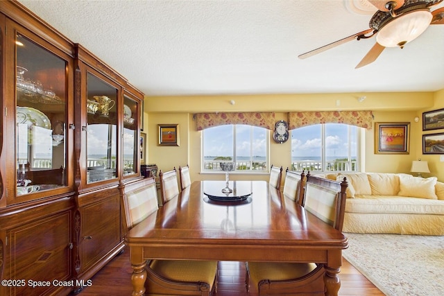 732 Bayside Dr Unit 501, Cape Canaveral, FL 32920 - dining room with wood finished floors, ceiling fan, and a textured ceiling