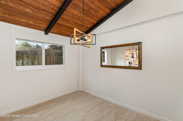 unfurnished room with wood finished floors, wooden ceiling, a chandelier, and baseboards
