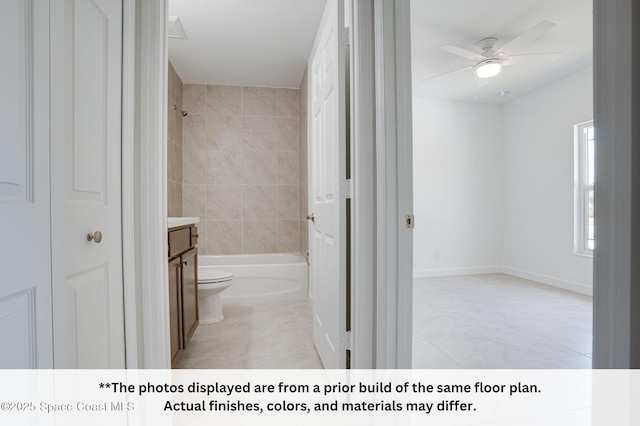 125 Admiral Cir, Sebastian, FL 32958 - bathroom featuring tile patterned flooring, a ceiling fan, toilet, and  shower combination