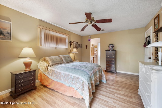 225 Chalet Ave, Indialantic, FL 32903 - bedroom with light wood-type flooring, baseboards, a textured ceiling, and a ceiling fan