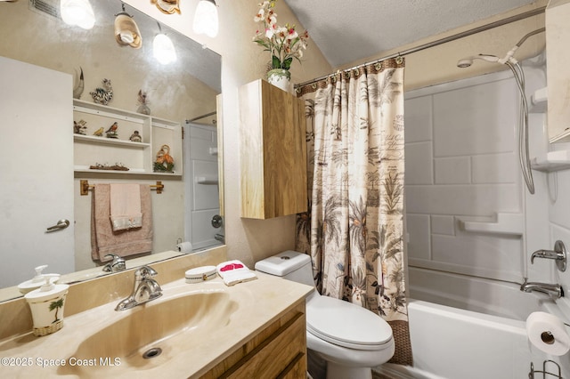 225 Chalet Ave, Indialantic, FL 32903 - bathroom with shower / bath combo, toilet, vanity, and a textured ceiling