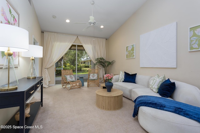 carpeted living area featuring ceiling fan and recessed lighting