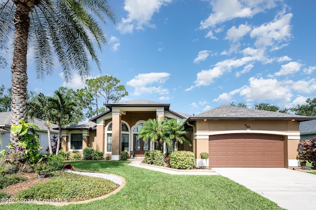 679 Sheridan Woods Dr, Melbourne, FL 32904 - view of front of home featuring stucco siding, driveway, a garage, and a front lawn