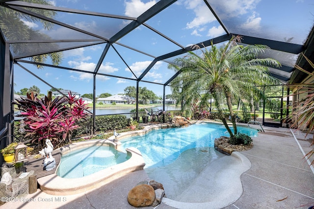 679 Sheridan Woods Dr, Melbourne, FL 32904 - view of swimming pool with a water view, a pool with connected hot tub, a patio area, and glass enclosure