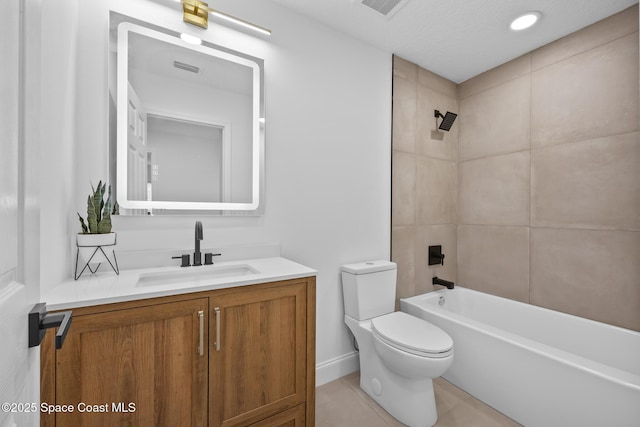full bath featuring toilet, vanity,  shower combination, and tile patterned floors