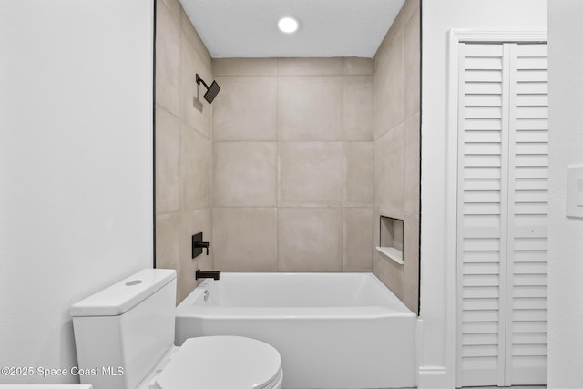 full bath with toilet, bathtub / shower combination, and recessed lighting