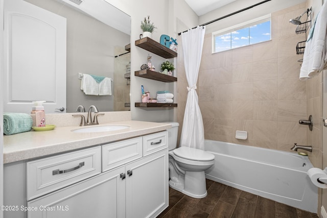 3631 Stabane Pl, Melbourne, FL 32940 - bathroom with wood finished floors, vanity, shower / bath combination with curtain, and toilet