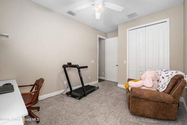 3631 Stabane Pl, Melbourne, FL 32940 - exercise area featuring carpet flooring, baseboards, and a ceiling fan