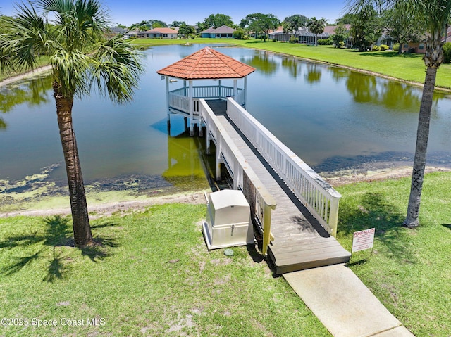 178 Cove Loop Dr, Merritt Island, FL 32953 - dock with a gazebo, a water view, and a yard