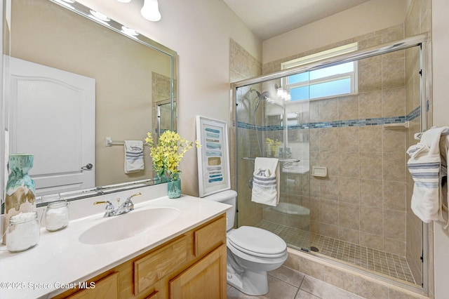 178 Cove Loop Dr, Merritt Island, FL 32953 - bathroom with a shower stall, toilet, tile patterned floors, and vanity