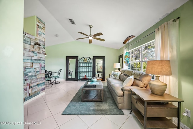 644 Sheridan Woods Dr, Melbourne, FL 32904 - tiled living area with lofted ceiling and ceiling fan