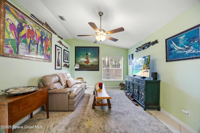 644 Sheridan Woods Dr, Melbourne, FL 32904 - tiled living room featuring ceiling fan, lofted ceiling, and baseboards