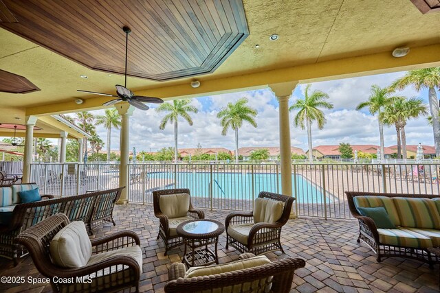 6227 Thames Pl, Vero Beach, FL 32966 - view of patio / terrace featuring a community pool, outdoor lounge area, and a ceiling fan