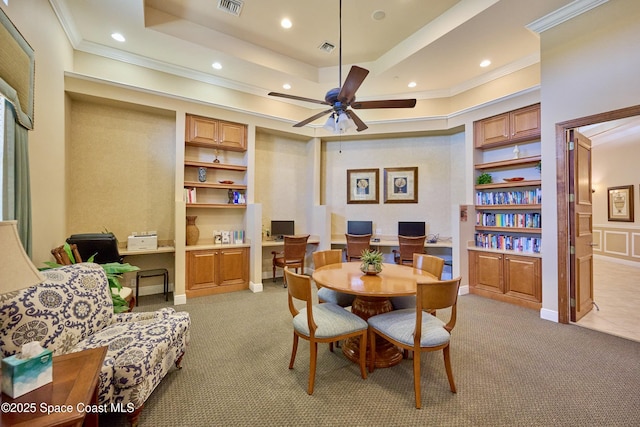 6227 Thames Pl, Vero Beach, FL 32966 - dining area with light carpet, crown molding, recessed lighting, a raised ceiling, and a ceiling fan
