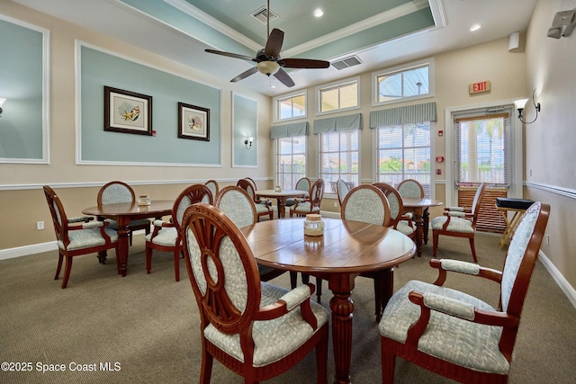 6227 Thames Pl, Vero Beach, FL 32966 - dining space featuring a raised ceiling, ceiling fan, carpet floors, ornamental molding, and baseboards