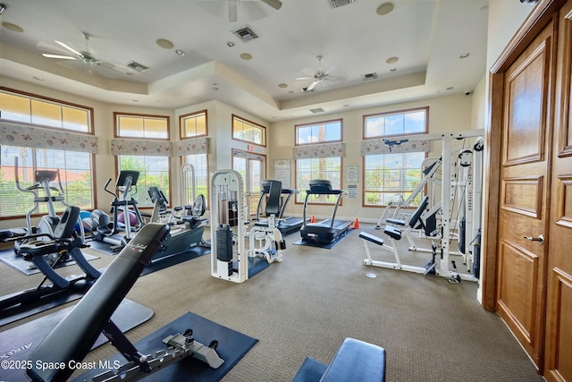 6227 Thames Pl, Vero Beach, FL 32966 - gym with a raised ceiling, a ceiling fan, baseboards, a high ceiling, and recessed lighting